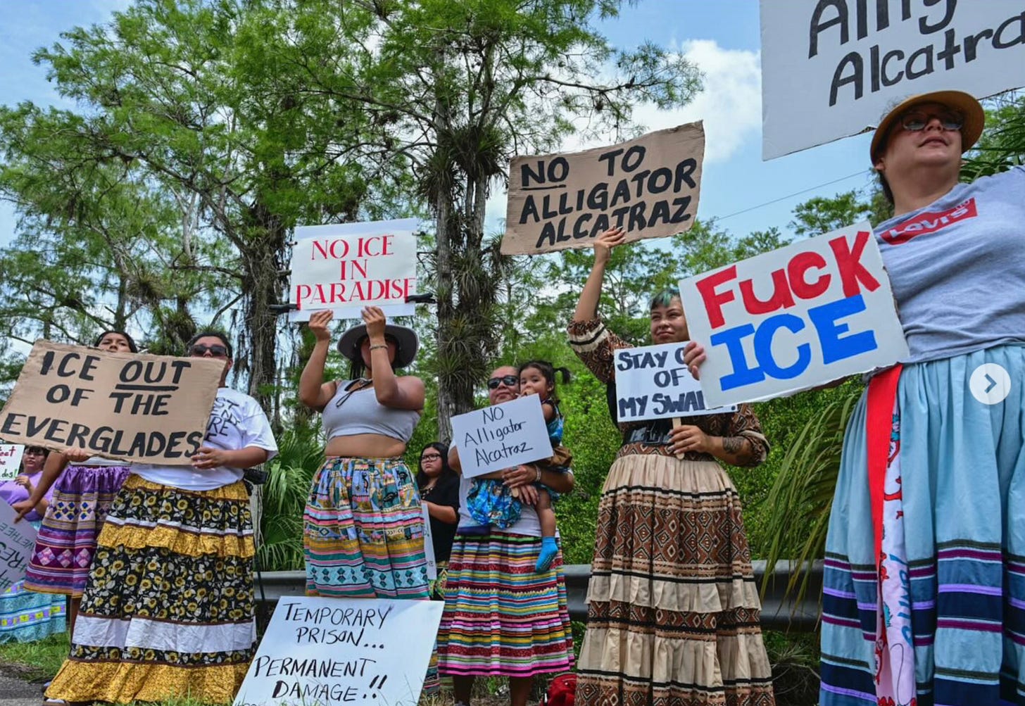 Residents protest the Alligator Alcatraz concentration camp in the Everglades, near Ochopee, Florida. Photo: Giorgio Viera